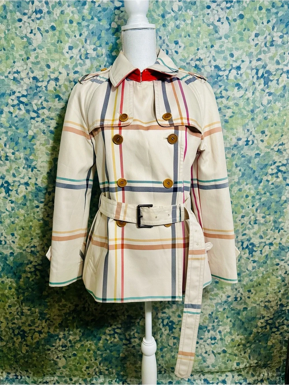 Coach Plaid Belted Trench Coat Women’s Medium Cream Multicolor Double Breasted - Picture 2 of 6